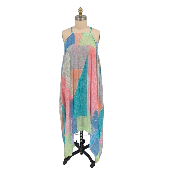 01555 NEW Anthropologie Patchwork Printed Trapeze Silk Dress Blue Pink Size M/L - Picture 1 of 8